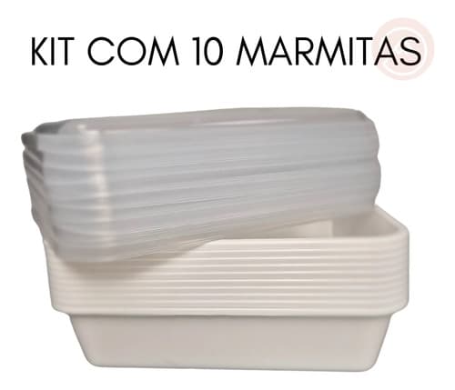 Kit 10 Marmita Delivery Plástica Tampa Branca R21 - 490 Ml Branca