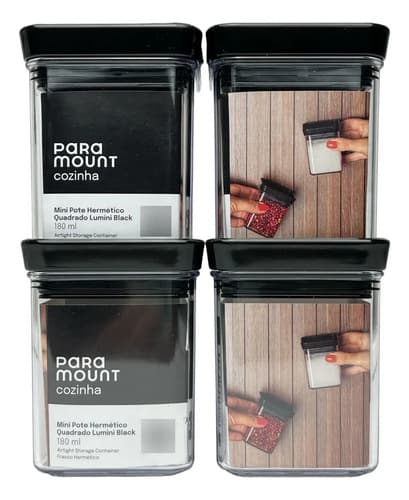 Kit 4 Potes Herméticos Paramount Plásticos 180ml Para Temperos Acrílico Preto Transparente